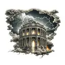 Clouds with lightning and above them a dark coliseum with lightning tattoo design idea