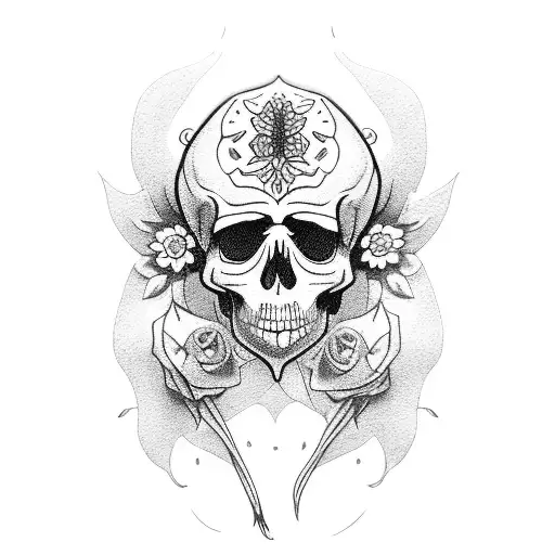 Crow and skull with flowers tattoo design idea