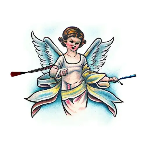 A traditional-style angel holding a paintbrush and palette tattoo design idea