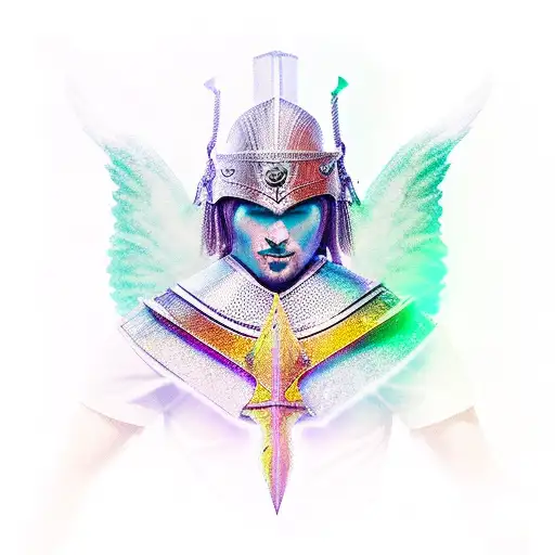 A new-school angelic warrior with vibrant armor and sword tattoo design idea