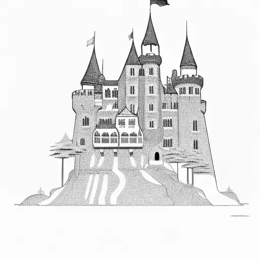 A majestic castle overlooking Lake George, capturing the client's love for both travel and their favorite place tattoo design idea