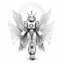 A guardian robot with angel wings, embodying the idea of a protector of knowledge and wisdom tattoo design idea