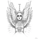 A guardian robot with angel wings, embodying the idea of a protector of knowledge and wisdom tattoo design idea
