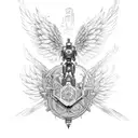 A guardian robot with angel wings, embodying the idea of a protector of knowledge and wisdom tattoo design idea