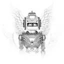 A guardian robot with angel wings, embodying the idea of a protector of knowledge and wisdom tattoo design idea