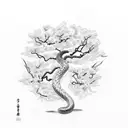A snake coiled around a sakura tree branch in dotwork style tattoo design idea