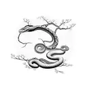 A snake coiled around a sakura tree branch in dotwork style tattoo design idea