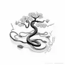 A snake coiled around a sakura tree branch in dotwork style tattoo design idea