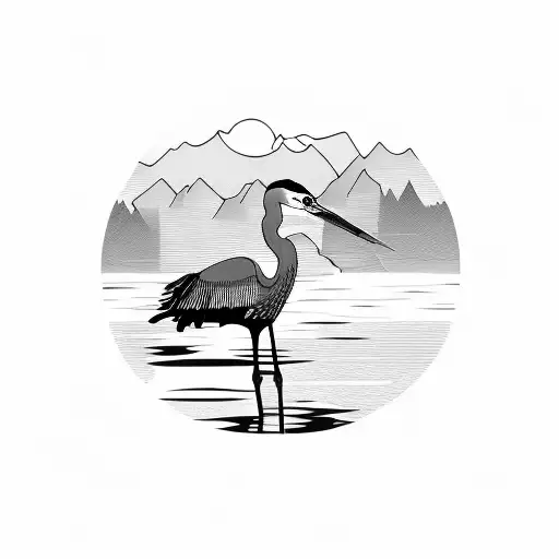 heron on a lake with marble leaves falling  tattoo design idea