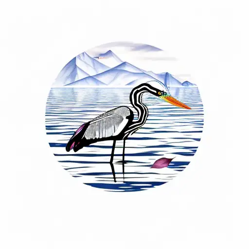 heron on a lake with marble leaves falling  tattoo design idea