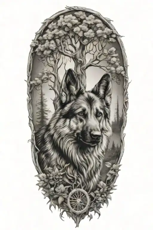 German shepherd Norse tree of life tattoo design idea