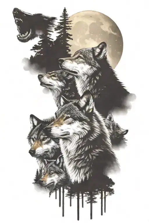 wolf family, mom dad and 3 cubs howling at moon, forrest background tattoo design idea