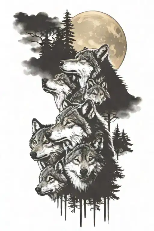 wolf family, mom dad and 3 cubs howling at moon, forrest background tattoo design idea