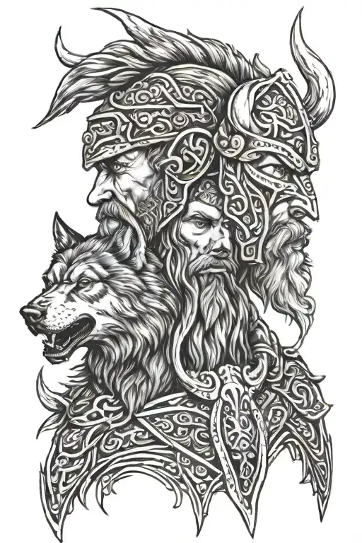 Viking and wolf head  tattoo design idea