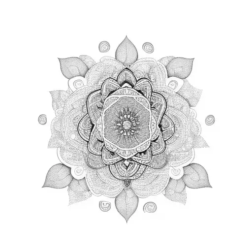 sleeve for woman, not too dark, including a mandala, flowers, leafs, geometric patterns, creative lines, elegant tattoo design idea