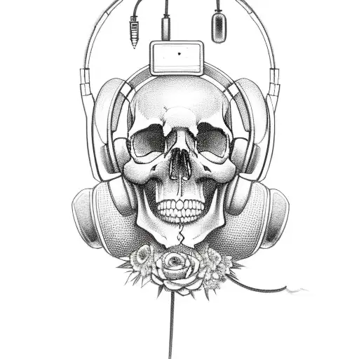 A skull wearing headphones, surrounded by musical notes and flowers tattoo design idea