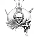 A skull wearing headphones, surrounded by musical notes and flowers tattoo design idea
