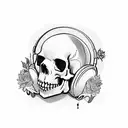 A skull wearing headphones, surrounded by musical notes and flowers tattoo design idea