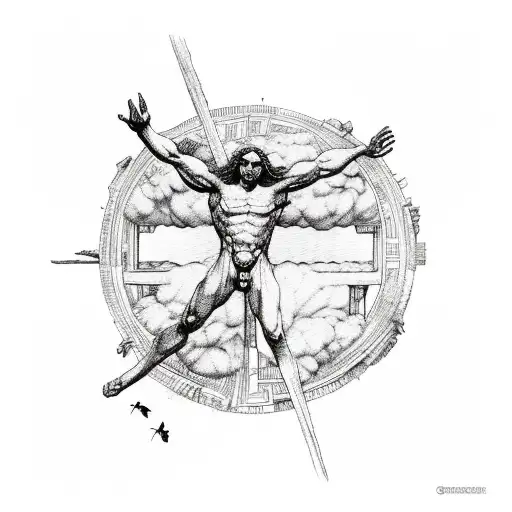 fall of Icarus with Greek architecture around it  tattoo design idea