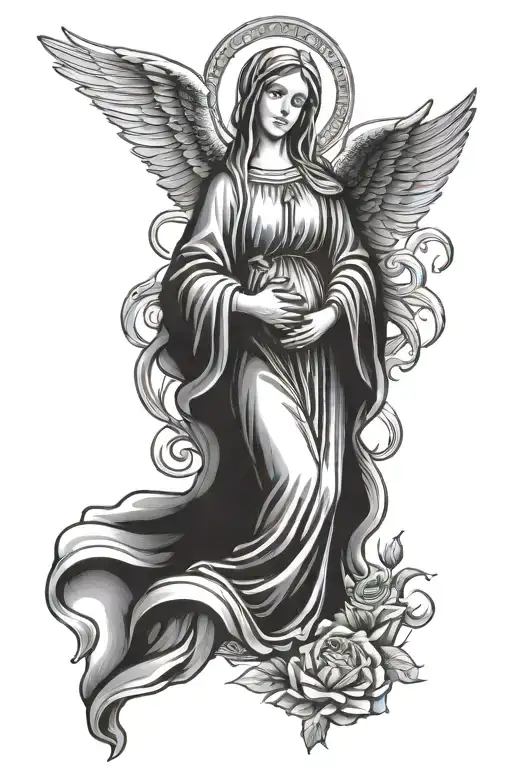 Virgin Mary holding infant angel wings tattoo design idea