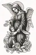 Virgin Mary holding infant angel wings tattoo design idea