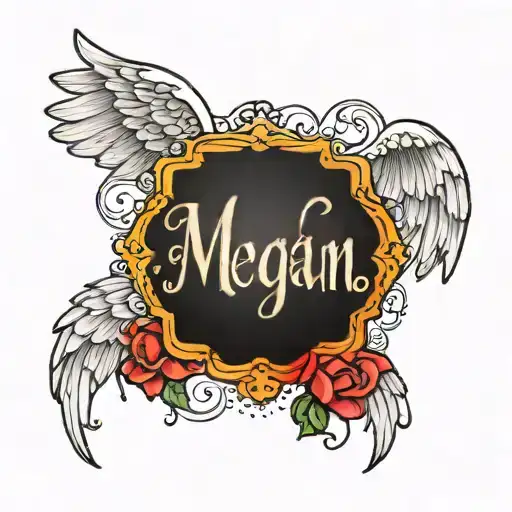 Megan name with angel wings on the sides tattoo design idea