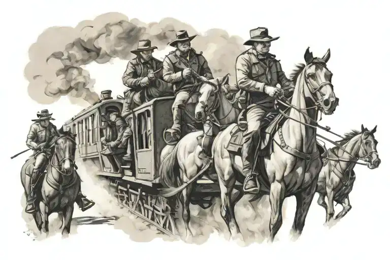 train robbery scene featuring bandits riding alonside the train with horses tattoo design idea