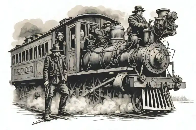 train robbery scene featuring bandits riding alonside the train tattoo design idea