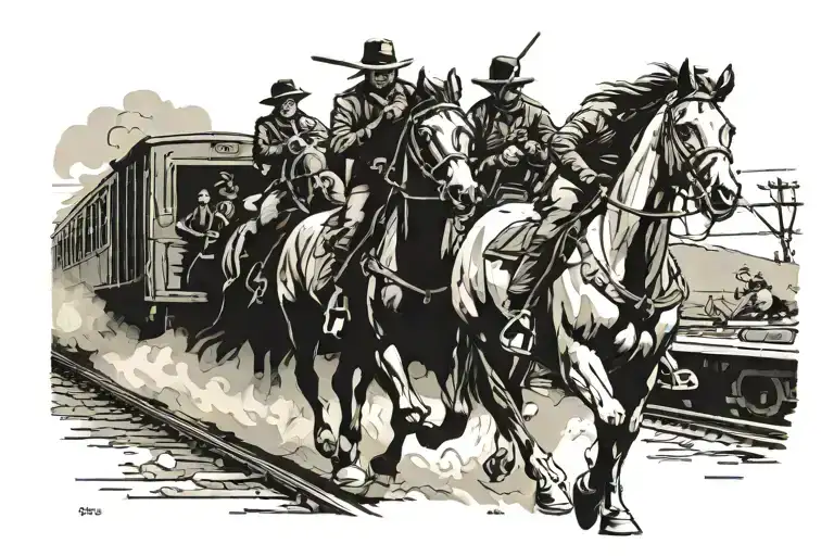 train robbery scene featuring bandits riding horses alongside the train tattoo design idea