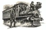 train robbery scene featuring bandits riding alonside the train tattoo design idea