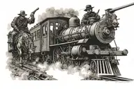 train robbery scene featuring bandits riding alonside the train tattoo design idea