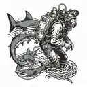 An old school scuba diver exploring a sunken ship with sharks circling tattoo design idea