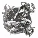 An old school scuba diver exploring a sunken ship with sharks circling tattoo design idea