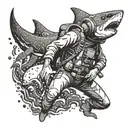 An old school scuba diver exploring a sunken ship with sharks circling tattoo design idea