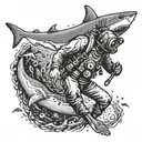 An old school scuba diver exploring a sunken ship with sharks circling tattoo design idea