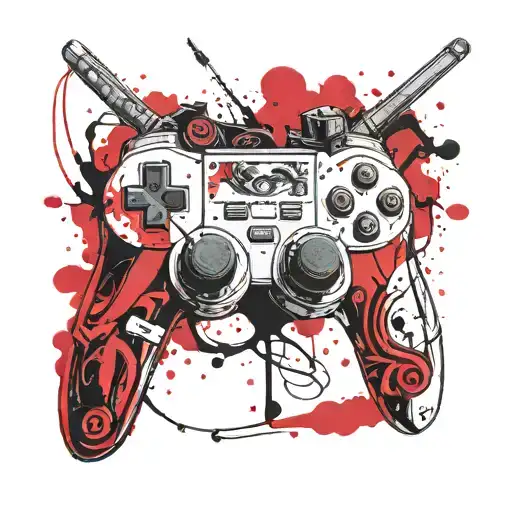 A surreal tattoo of a gaming controller transforming into a cricket bat, with musical notes floating around it tattoo design idea