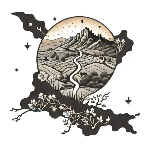 A detailed tattoo of the Camino de Santiago pilgrimage route, with intricate patterns inspired by cherry blossoms and wildflowers tattoo design idea