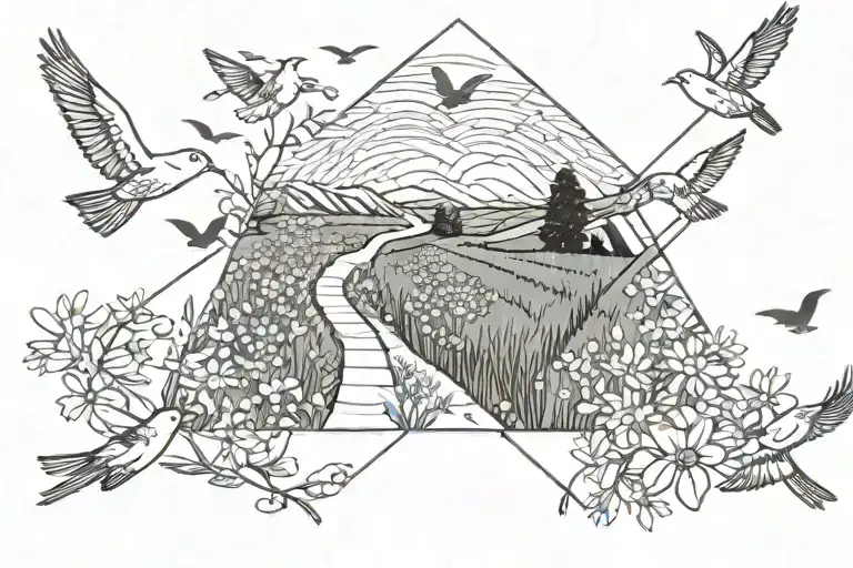 Camino path winding through a field of wildflowers with birds flying overhead tattoo design idea