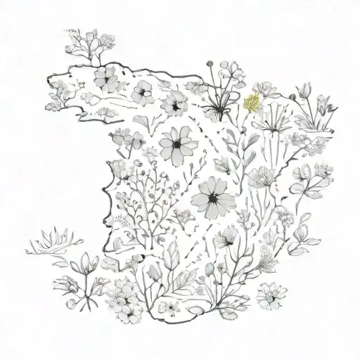 A map of Spain with various wildflowers scattered across it tattoo design idea