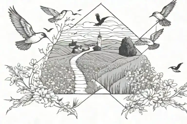 Camino path winding through a field of wildflowers with birds flying overhead tattoo design idea