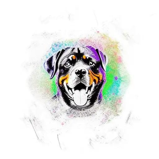 A majestic rottweiler surrounded by a vibrant abstract art background tattoo design idea