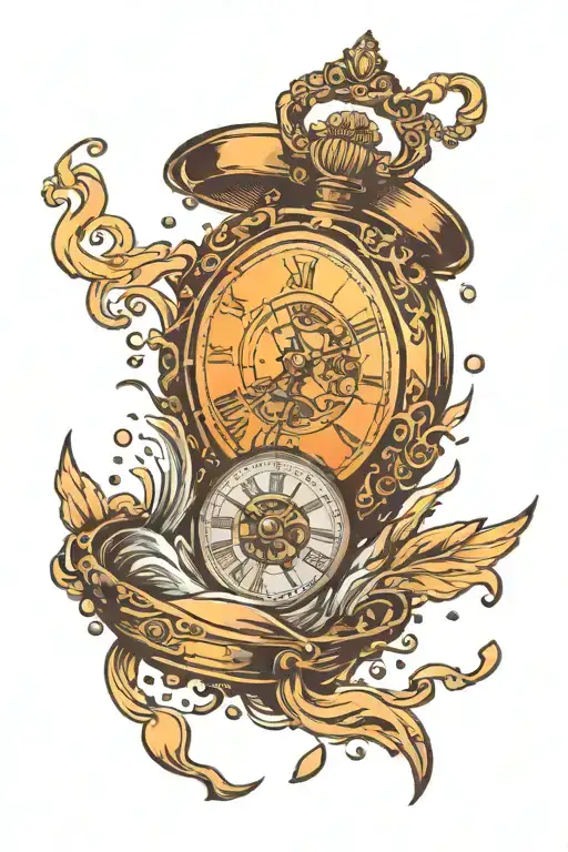 A pocket watch with intricate sunset design and water droplets falling from it tattoo design idea