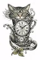 A mesmerizing tattoo design featuring a forest cat perched on a coffee cup surrounded by water ripples, with a pocket watch dangling from its tail tattoo design idea