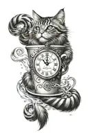 A mesmerizing tattoo design featuring a forest cat perched on a coffee cup surrounded by water ripples, with a pocket watch dangling from its tail tattoo design idea