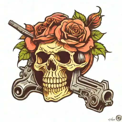 skull with rose and gun tattoo design idea