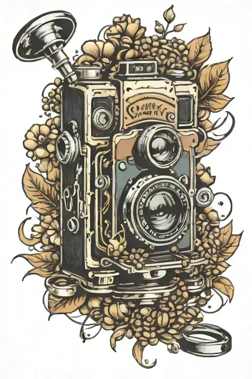 A retro-style camera surrounded by coffee beans and baking utensils tattoo design idea