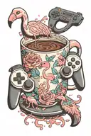 A pixelated coffee cup with gaming controllers as steam, surrounded by retro flamingo decorations tattoo design idea