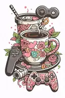 A pixelated coffee cup with gaming controllers as steam, surrounded by retro flamingo decorations tattoo design idea