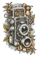 A retro-style camera surrounded by coffee beans and baking utensils tattoo design idea