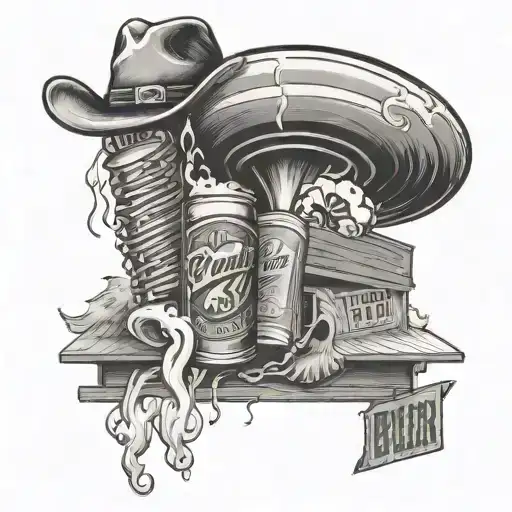Tornado storm with flying beer cans, accordion, cowboy hat and street sign tattoo design idea